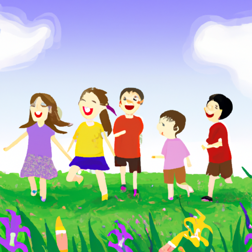 קבוצת ילדים צוחקים ומשחקים בשדה ירוק שופע