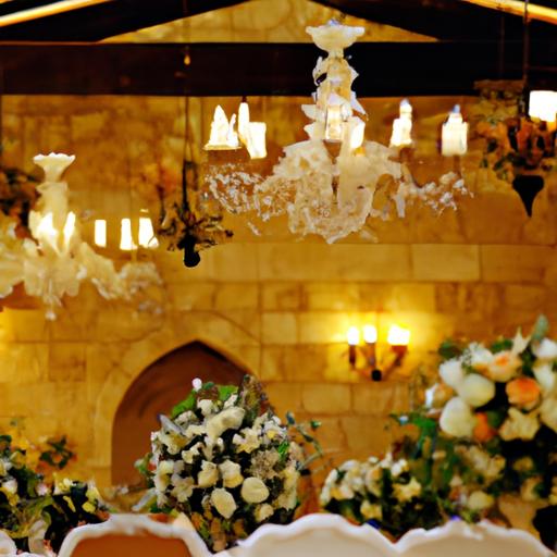 תמונה המציגה את פנים אולם חתונות היסטורי בירושלים, מעוטר יפה בנברשות ופרחים.