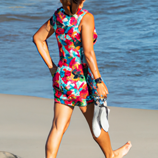 אישה צועדת בביטחון על החוף בבגד ים צבעוני עם מכנסיים תואמים.