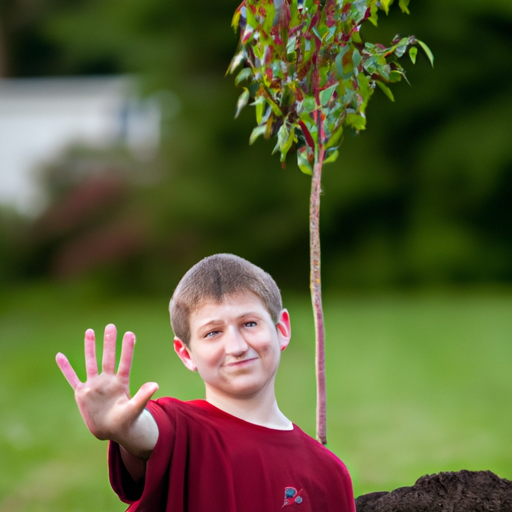 ילד צעיר המראה בגאווה עץ ששתל בחצר האחורית שלו